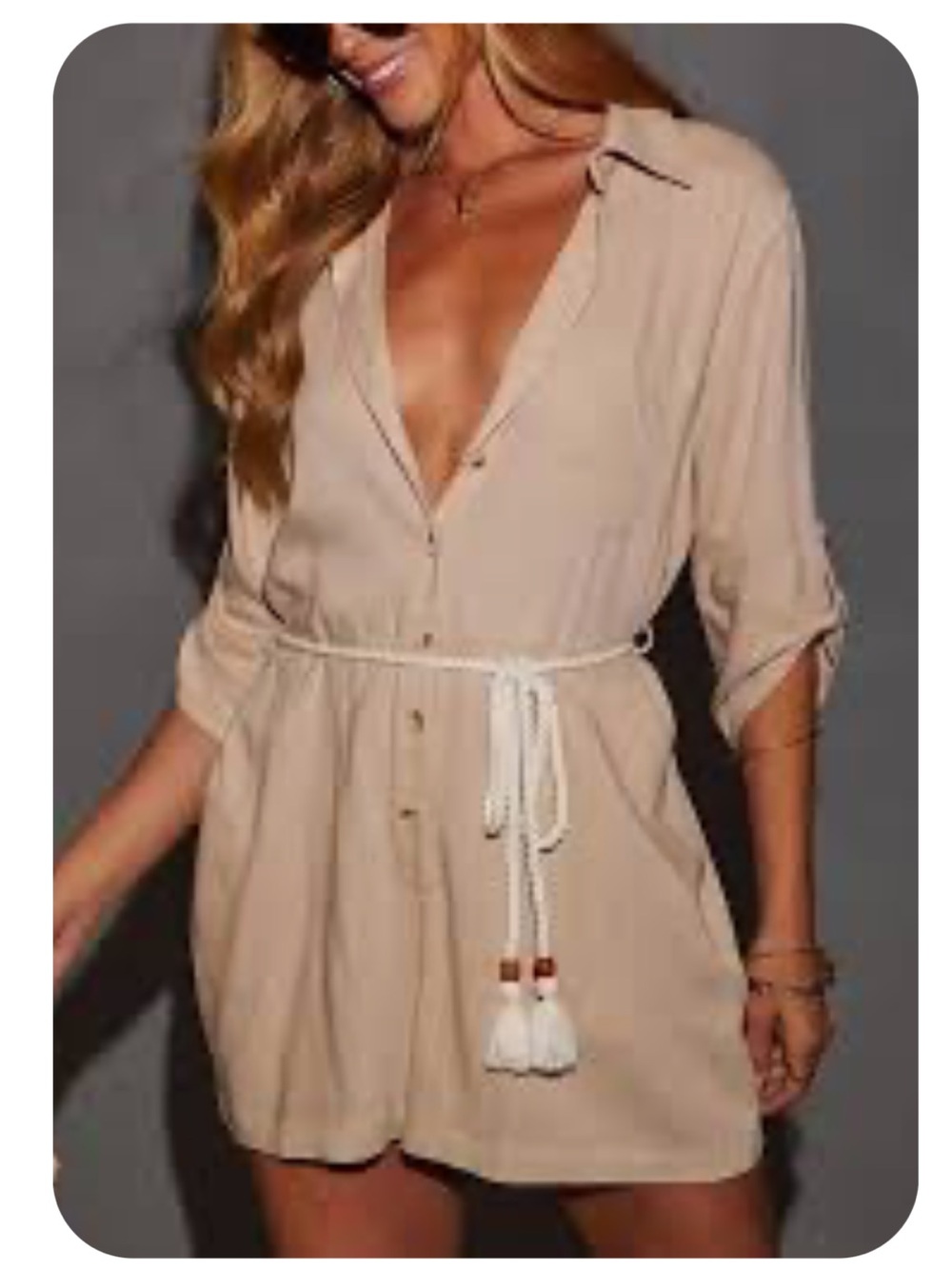 NWOT Vici Vivian Linen Blend shorts Romper belted tan natural L